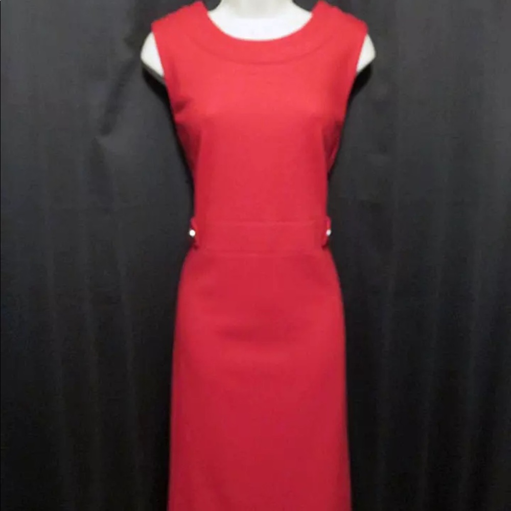 Tory Burch Solid Red Dress Golden Logo Button Trim 100% Wool Size L Large